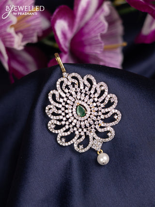 Zircon maang tikka with emerald & cz stones and pearl hanings in gold finish