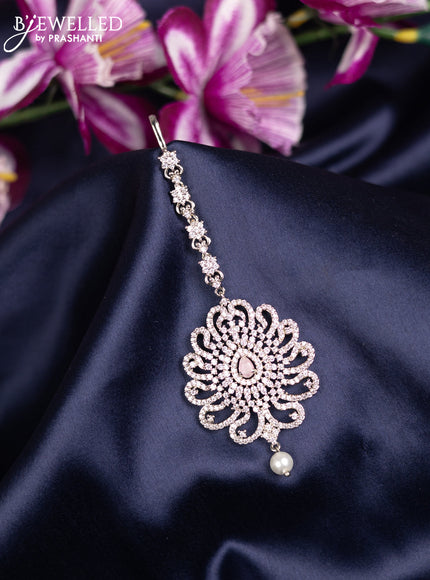 Zircon maang tikka with baby pink & cz stones and pearl hanings