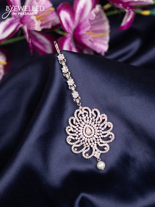 Zircon maang tikka with baby pink & cz stones and pearl hanings