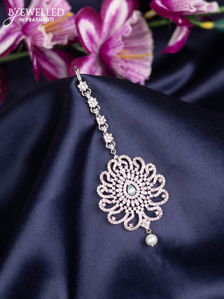 Zircon maang tikka with mint green & cz stones and pearl hanings