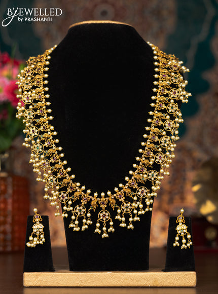 Antique guttapusalu haram peacock design with kemp & cz stone and pearl hangings