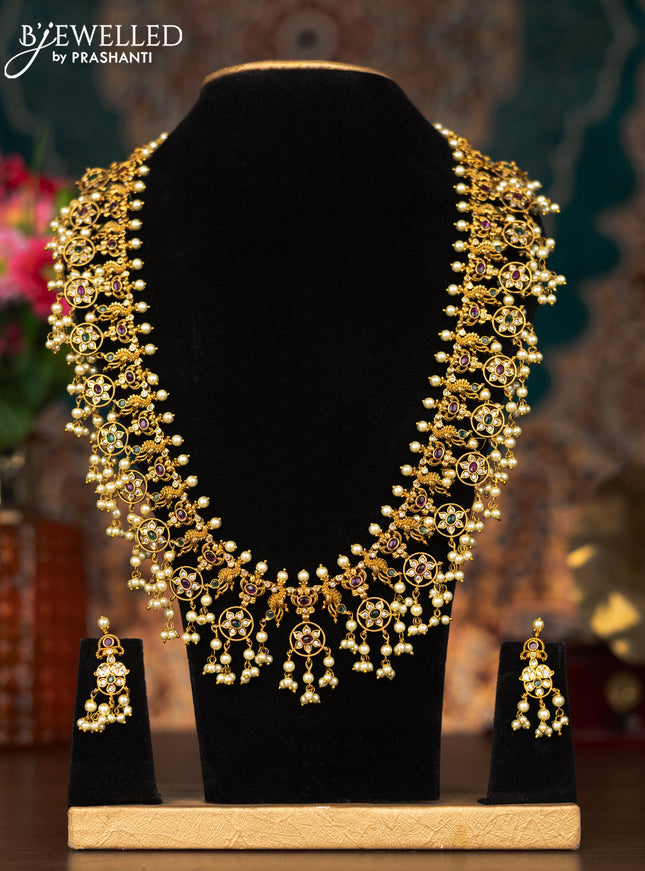 Antique guttapusalu haram peacock design with kemp & cz stone and pearl hangings