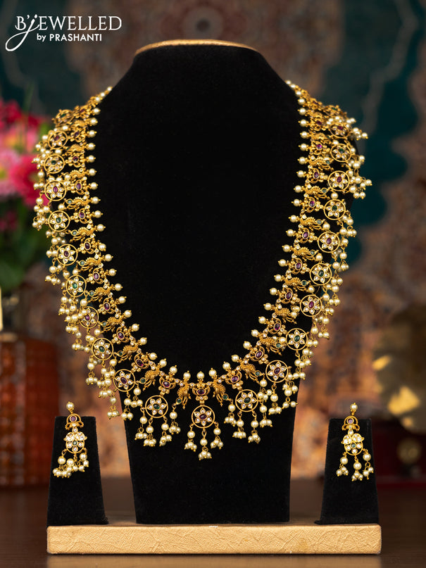 Antique guttapusalu haram peacock design with kemp & cz stone and pearl hangings