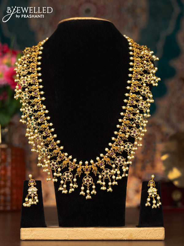 Antique guttapusalu haram peacock design with kemp & cz stone and pearl hangings