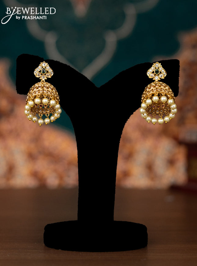 Antique jhumka with kemp & cz stones and pearl hangings
