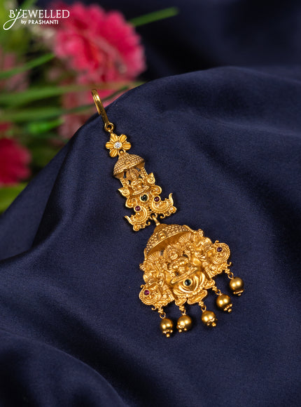 Antique maang tikka lakshmi design with kemp stone and golden beads hangings