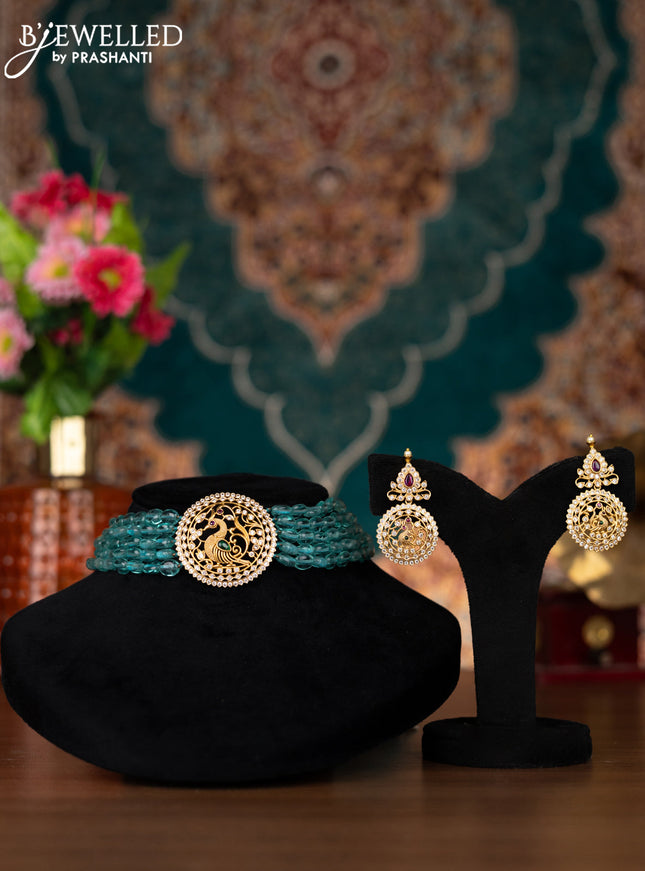 Beaded light blue multilayer choker peacock design with kemp & cz stones