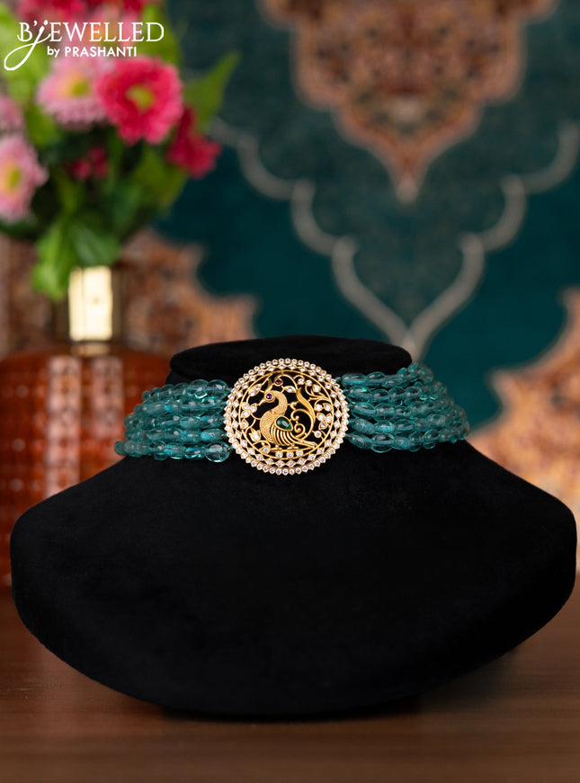 Beaded light blue multilayer choker peacock design with kemp & cz stones