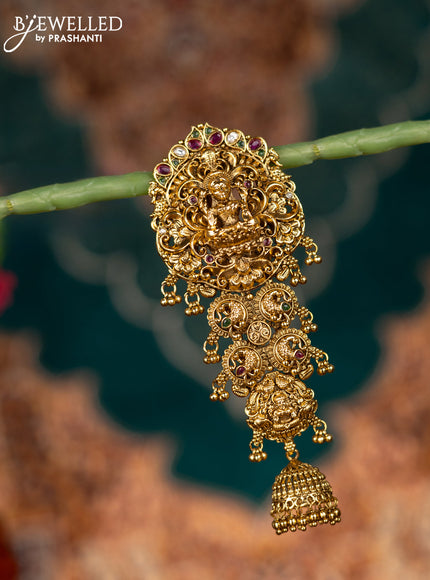 Antique jada billai lakshmi design with kemp & kundan stones and golden beads hangings