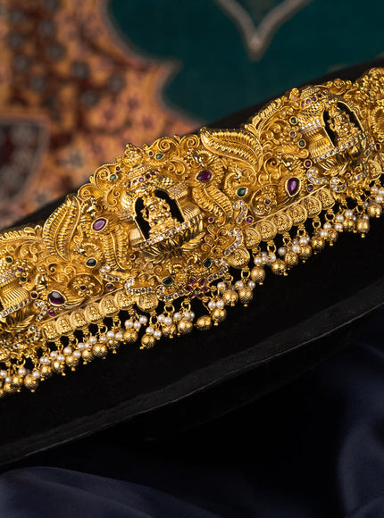 Antique self embosse hip belt lakshmi design with kemp & cz stones and pearl hangings