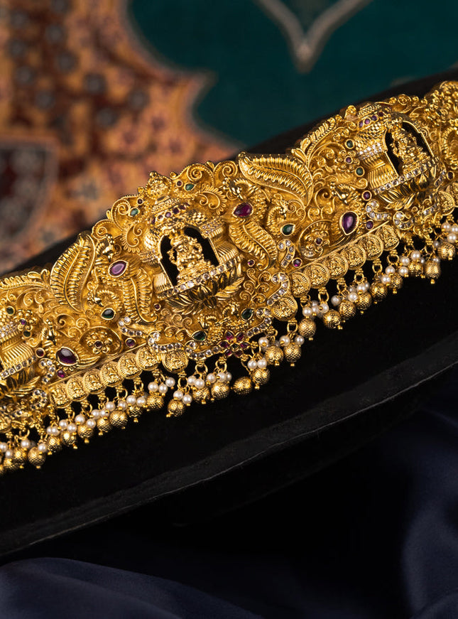 Antique self embosse hip belt lakshmi design with kemp & cz stones and pearl hangings