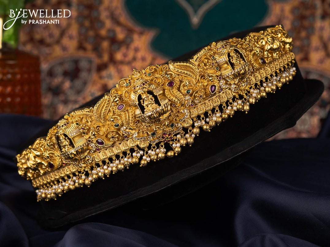 Antique self embosse hip belt lakshmi design with kemp & cz stones and pearl hangings