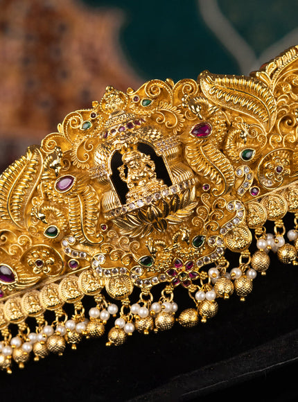 Antique self embosse hip belt lakshmi design with kemp & cz stones and pearl hangings