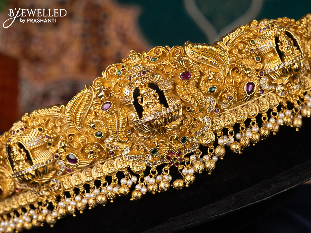 Antique self embosse hip belt lakshmi design with kemp & cz stones and pearl hangings