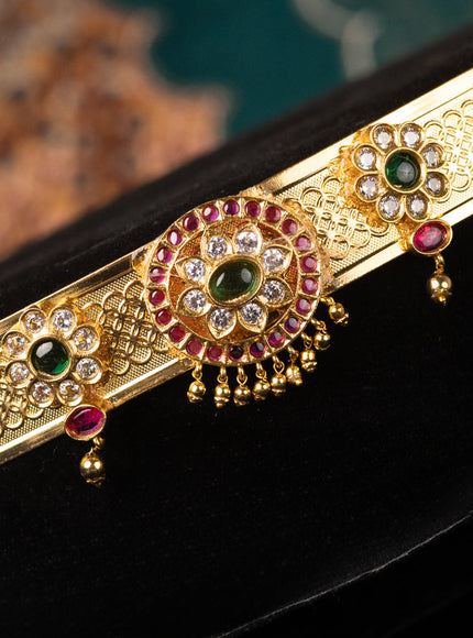Antique self embosse hip belt floral design with kemp & cz stones and golden beads hangings