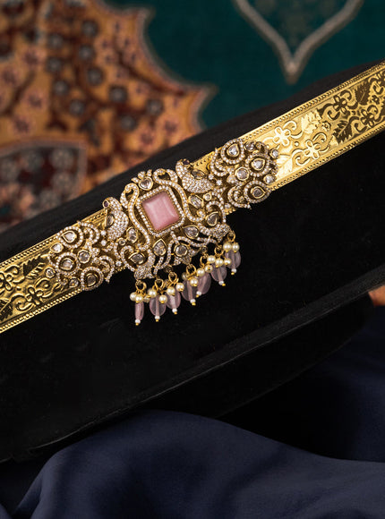 Antique self embosse hip belt with baby pink & cz stones and beads hangings