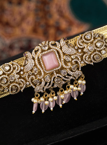 Antique self embosse hip belt with baby pink & cz stones and beads hangings