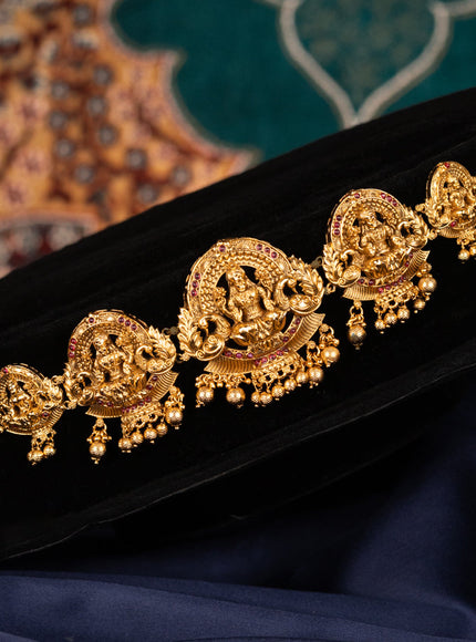 Antique hip chain lakshmi design with pink kemp stones and golden beads hangings