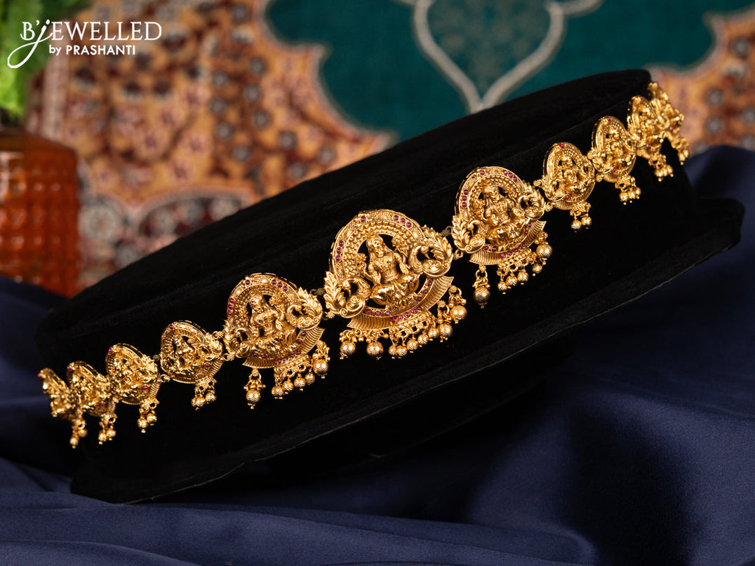 Antique hip chain lakshmi design with pink kemp stones and golden beads hangings