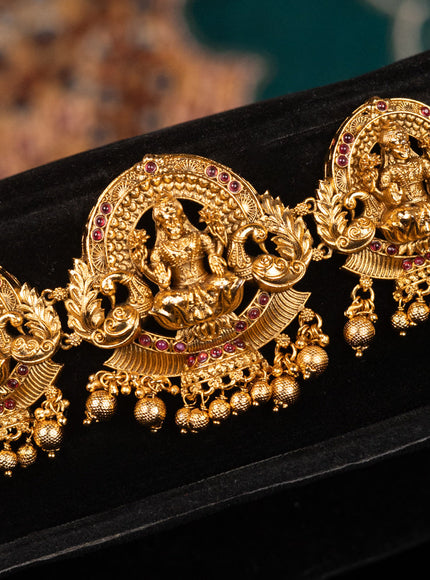 Antique hip chain lakshmi design with pink kemp stones and golden beads hangings
