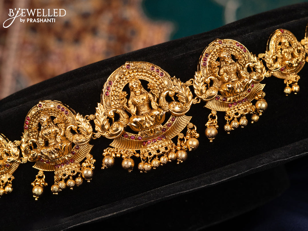 Antique hip chain lakshmi design with pink kemp stones and golden beads hangings