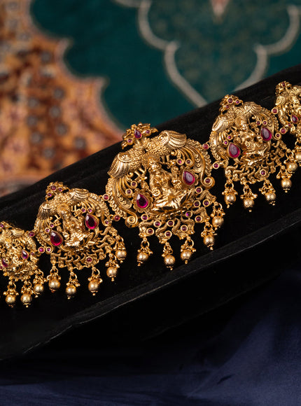 Antique hip chain lakshmi design with pink kemp kundan stones and golden beads hangings