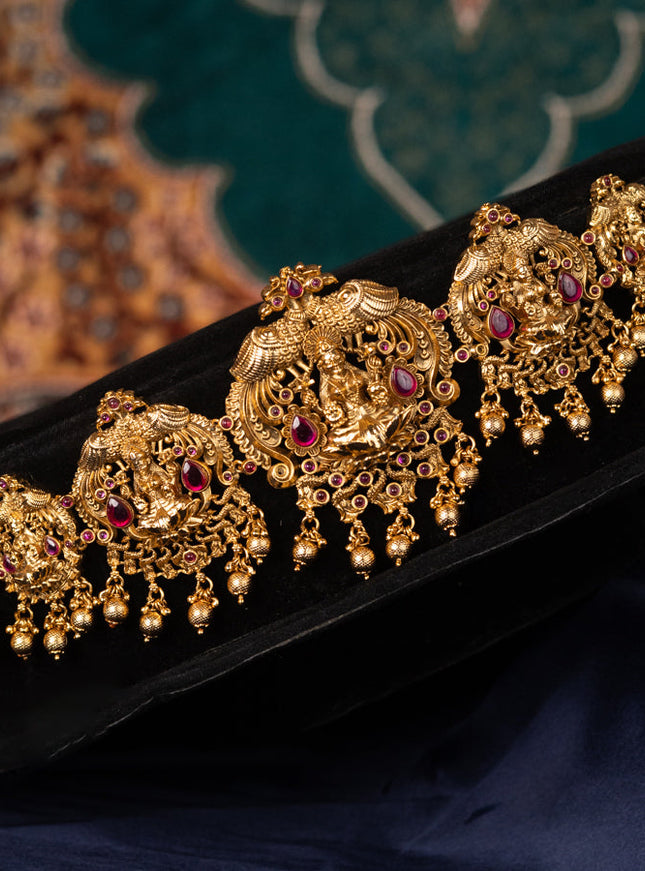 Antique hip chain lakshmi design with pink kemp kundan stones and golden beads hangings