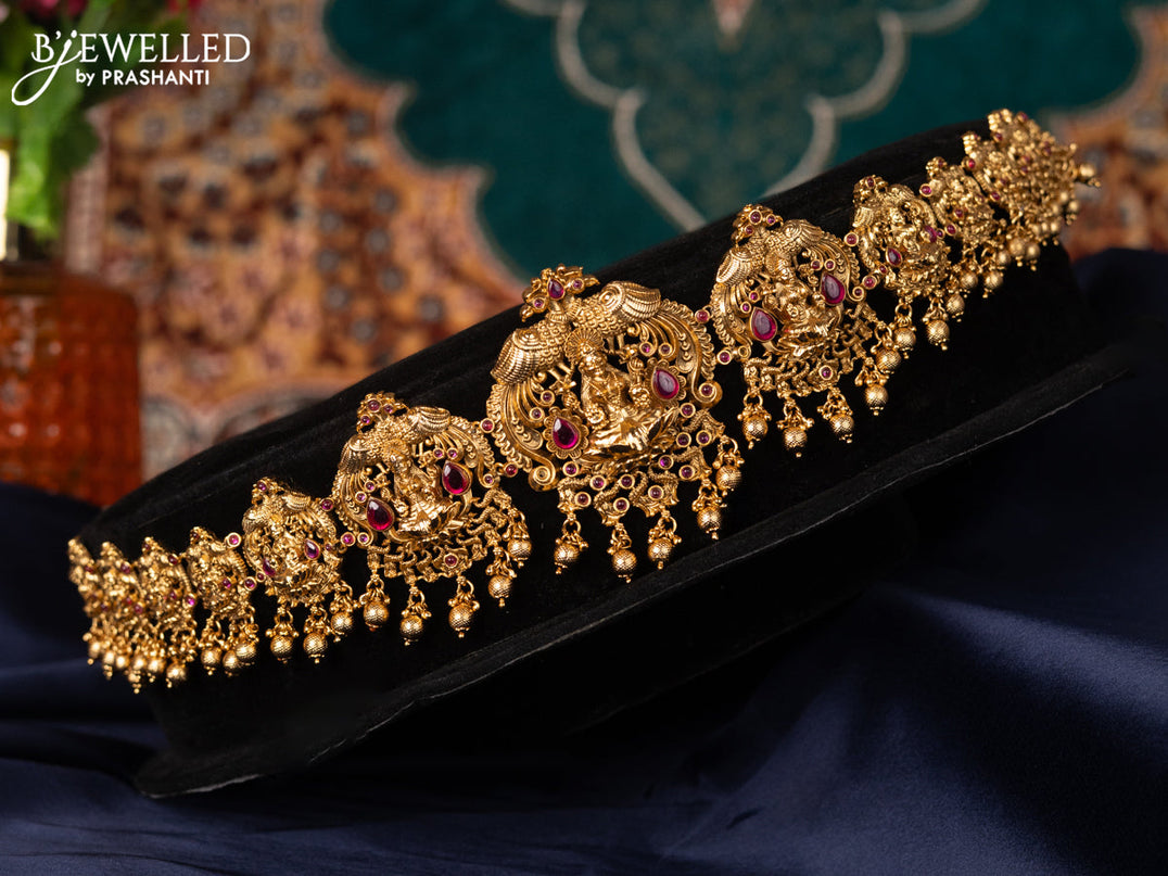 Antique hip chain lakshmi design with pink kemp kundan stones and golden beads hangings