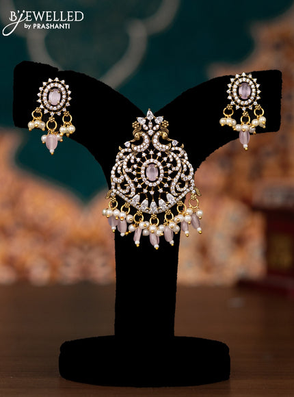 Pendant set peacock design with baby pink & cz stones and pearl & beads hangings in victorian finish