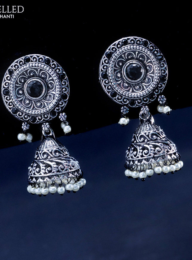 Oxidised jhumka with black stones and pearl hangings