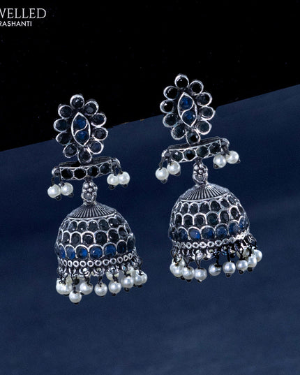 Oxidised jhumka with sapphire stones and pearl hangings