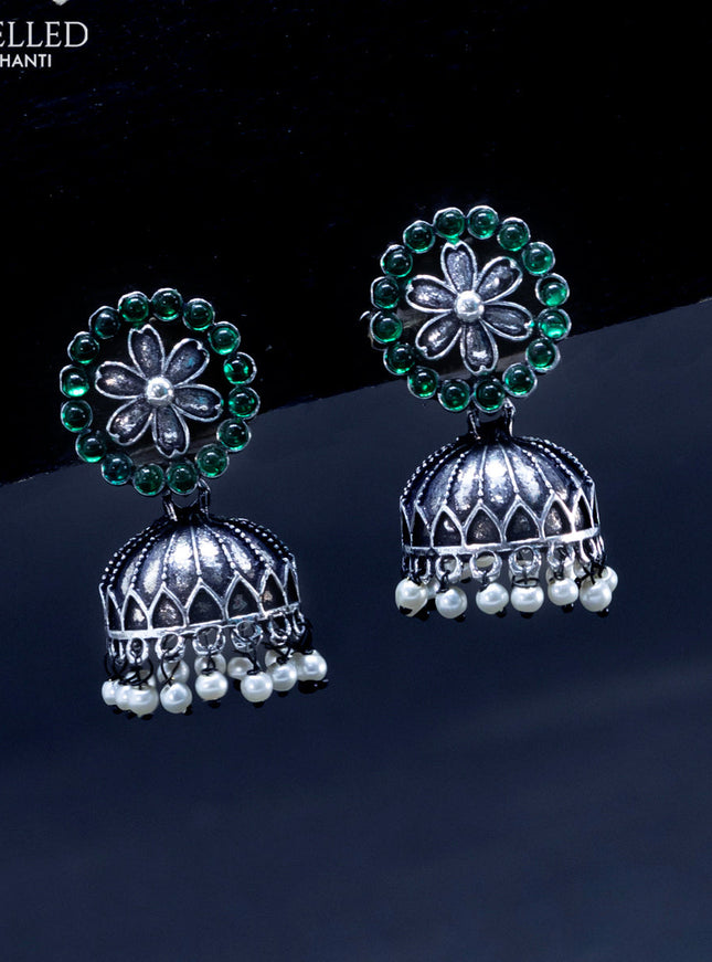 Oxidised jhumka with emerald stones and pearl hangings