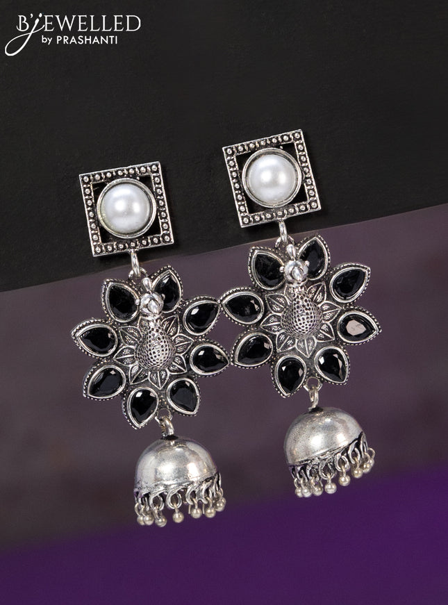 Oxidised jhumka peacock design with black stones