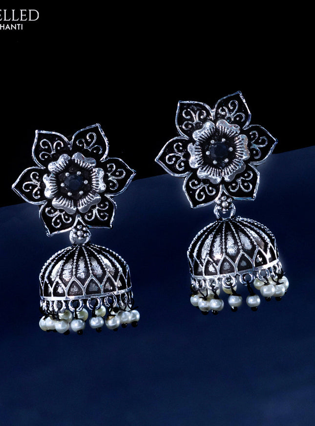 Oxidised jhumka floral design with sapphire stones and pearl hangings