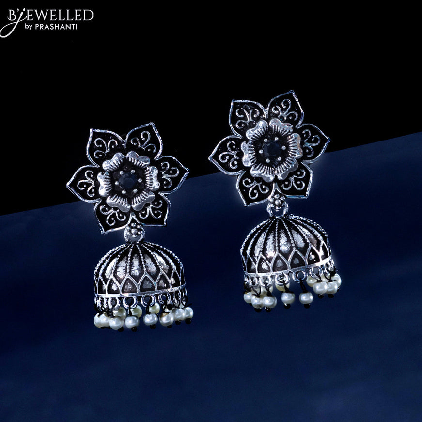 Oxidised jhumka floral design with sapphire stones and pearl hangings