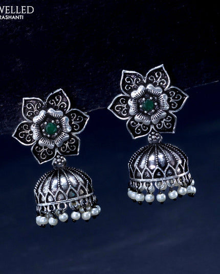 Oxidised jhumka floral design with emerald stones and pearl hangings