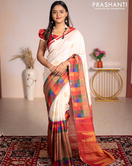 Chappa bhagalpuri saree cream and red with geometric butta prints and long printed border
