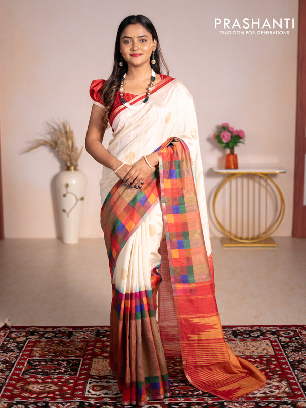 Chappa bhagalpuri saree cream and red with geometric butta prints and long printed border