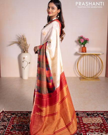Chappa bhagalpuri saree cream and red with geometric butta prints and long printed border