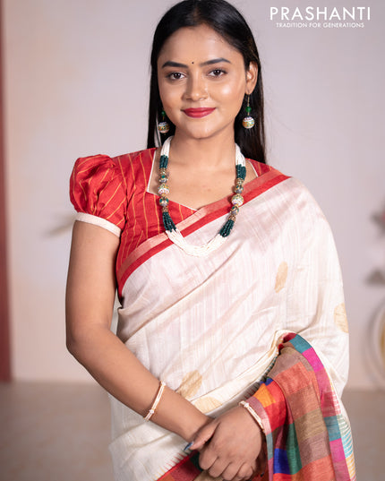 Chappa bhagalpuri saree cream and red with geometric butta prints and long printed border