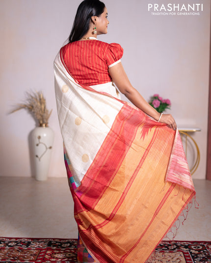 Chappa bhagalpuri saree cream and red with geometric butta prints and long printed border