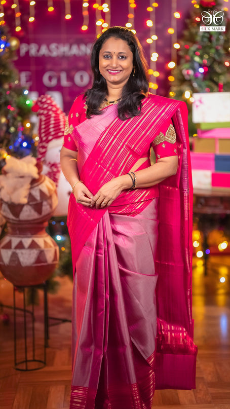 Pure soft silk saree dual shade of pink and pink with allover zari weaves and long zari woven border