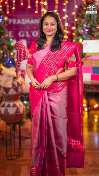 Pure soft silk saree dual shade of pink and pink with allover zari weaves and long zari woven border