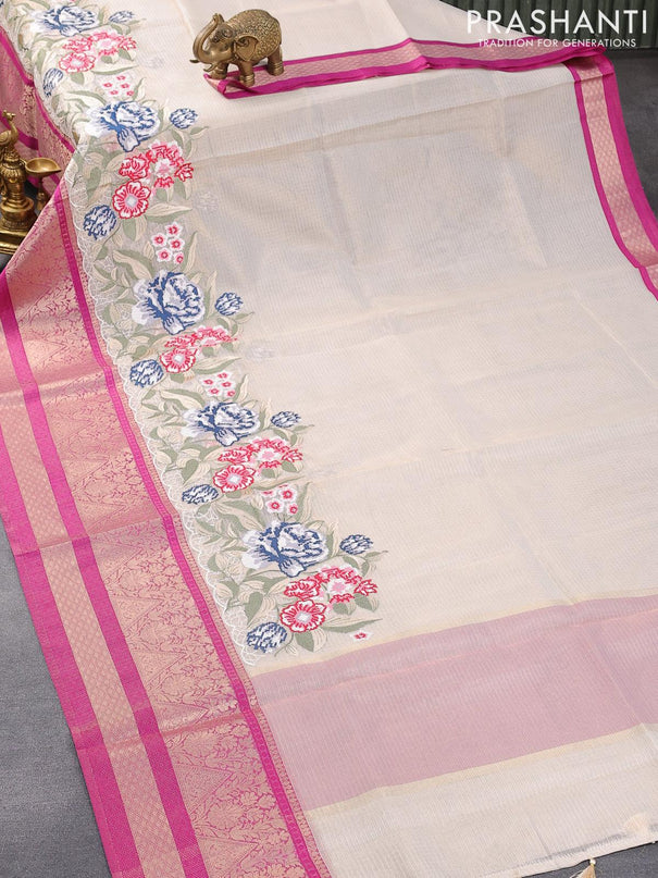 Banarasi kota tissue saree off white and purple with floral design embroidery work and long zari woven border - {{ collection.title }} by Prashanti Sarees