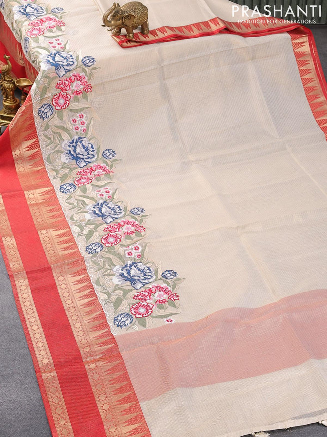 Banarasi kota tissue saree off white and red with floral design embroidery work and temple design zari woven rettapet border - {{ collection.title }} by Prashanti Sarees
