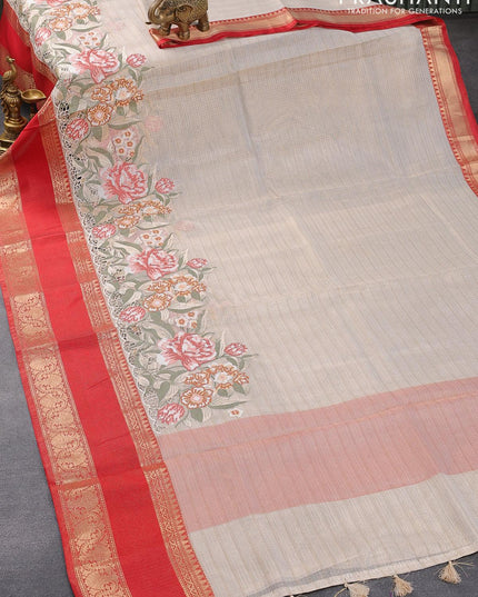 Banarasi kota tissue saree off white and red with floral design embroidery work and rettapet zari woven border - {{ collection.title }} by Prashanti Sarees