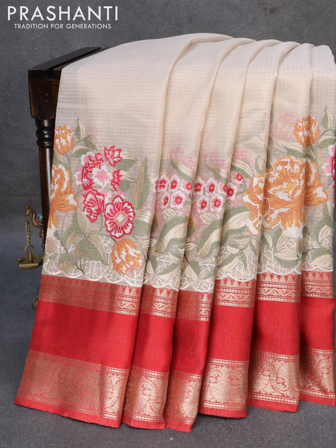 Banarasi kota tissue saree off white and red with floral design embroidery work and rettapet zari woven border - {{ collection.title }} by Prashanti Sarees