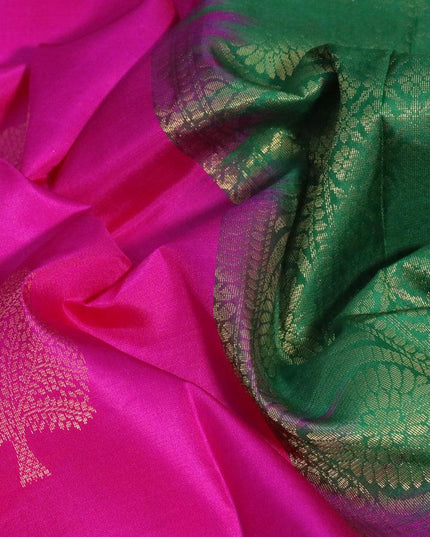 Pure kanjivaram silk saree pink and green with zari woven buttas in borderless style - {{ collection.title }} by Prashanti Sarees