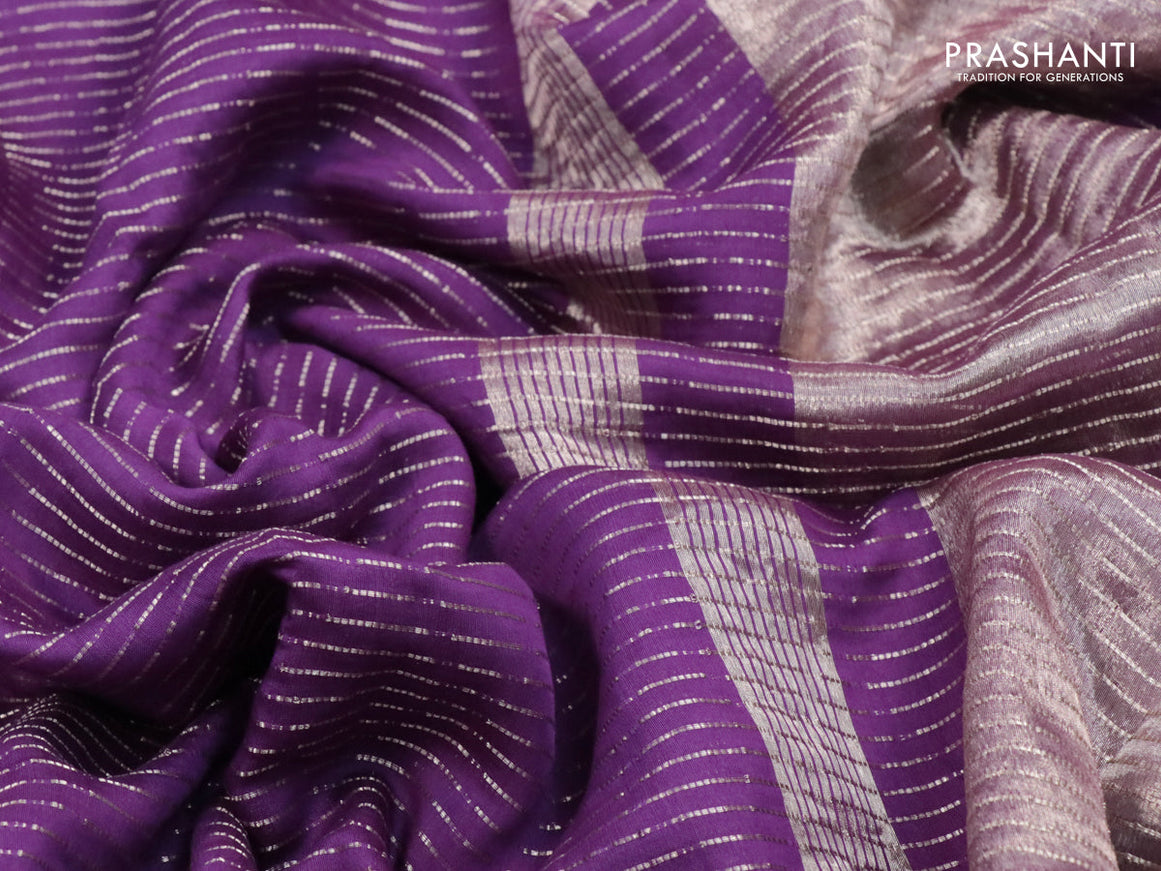 Chinon silk saree violet with allover geometric zari weaves and zari woven border with pichwai printed blouse