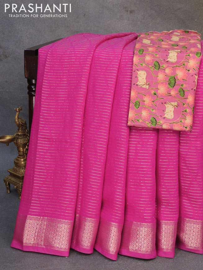 Chinon silk saree pink with allover geometric zari weaves and zari woven border with pichwai printed blouse
